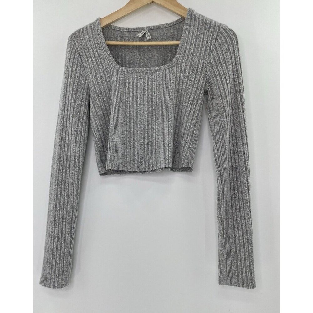 Mudd Heathered Gray Ribbed Soft Square Neck DIY Cropped‎ Sweater Size S, Y2K